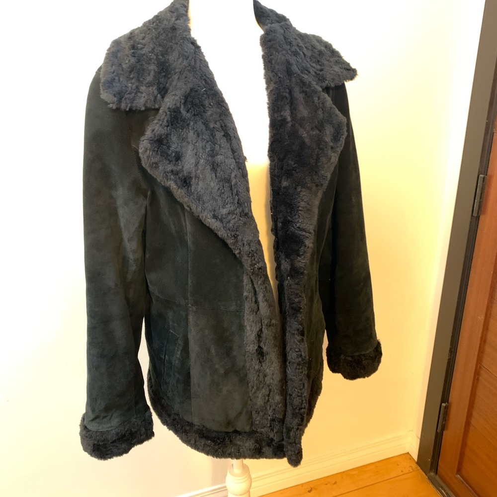 Vintage black suede leather shearling jacket